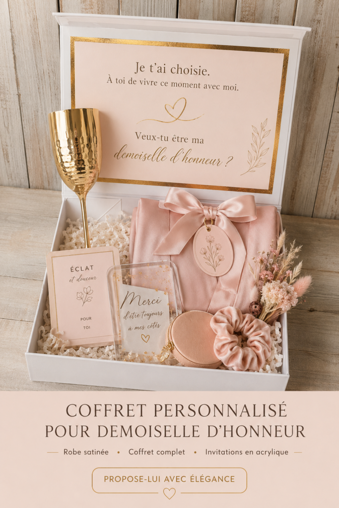Boîte de demande personnalisée pour demoiselles d'honneur avec une robe et des accessoires