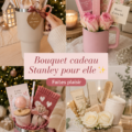 Femme recevant un bouquet Stanley coloré, symbolisant l'amour et la praticité.