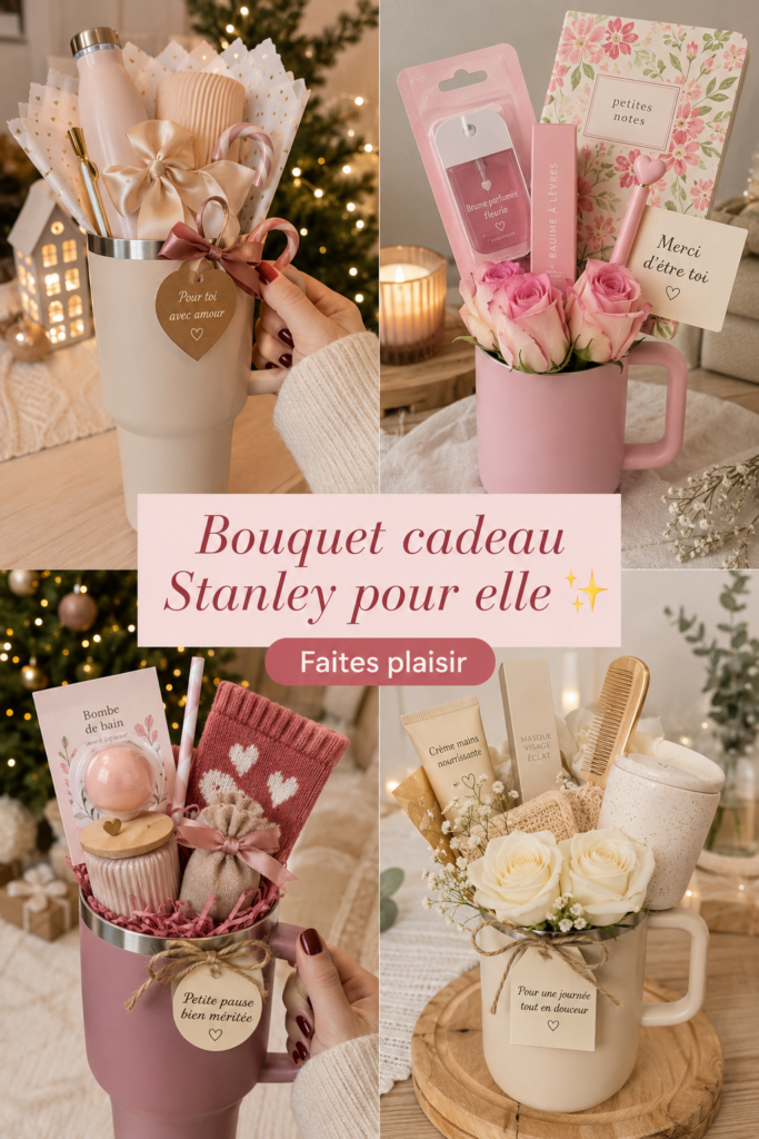 Femme recevant un bouquet Stanley coloré, symbolisant l'amour et la praticité.
