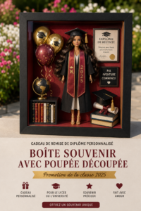 Cadeau de graduation avec une shadow box personnalisée et des poupées découpées.