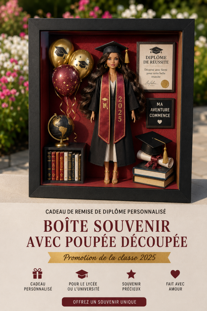 Cadeau de graduation avec une shadow box personnalisée et des poupées découpées.