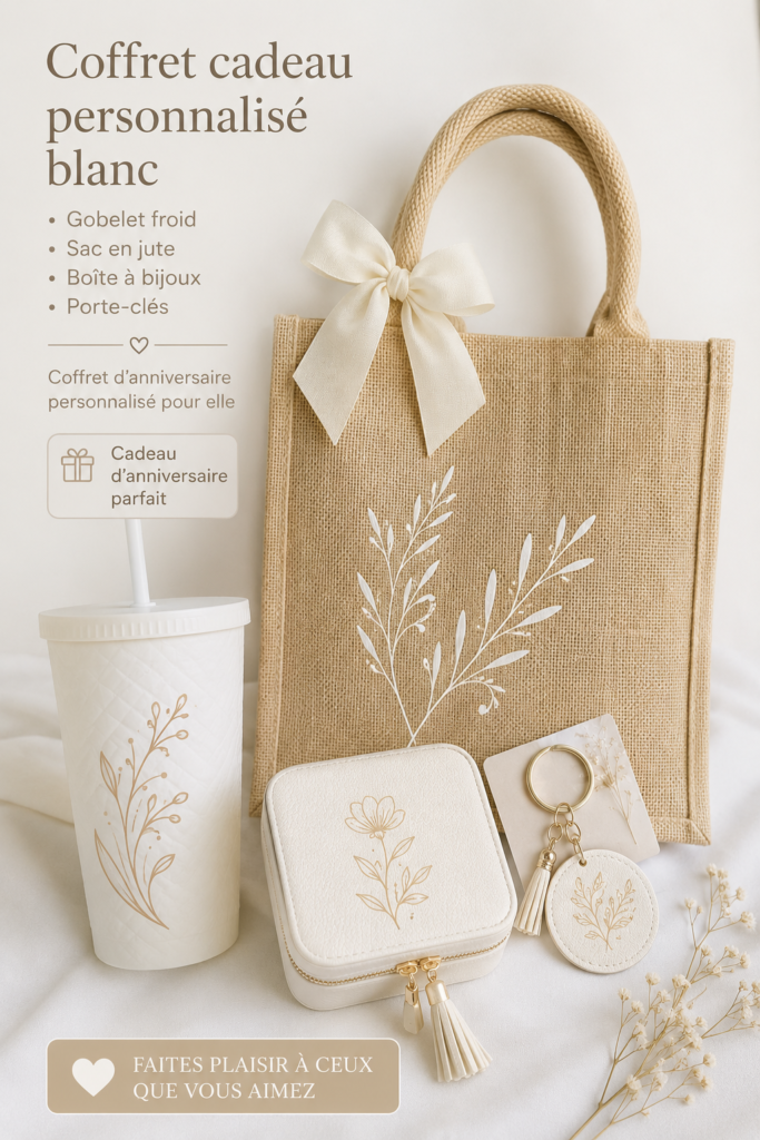 Coffret cadeau personnalisé avec un mug blanc, un sac en jute et un porte-clé