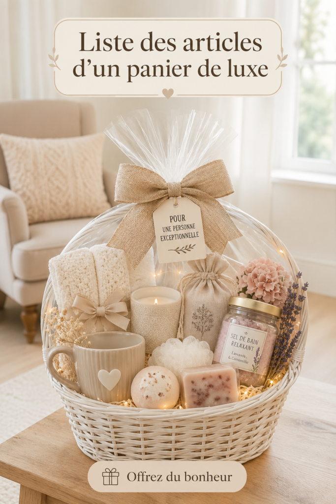 Un élégant panier de luxe rempli de produits raffinés, parfait pour offrir