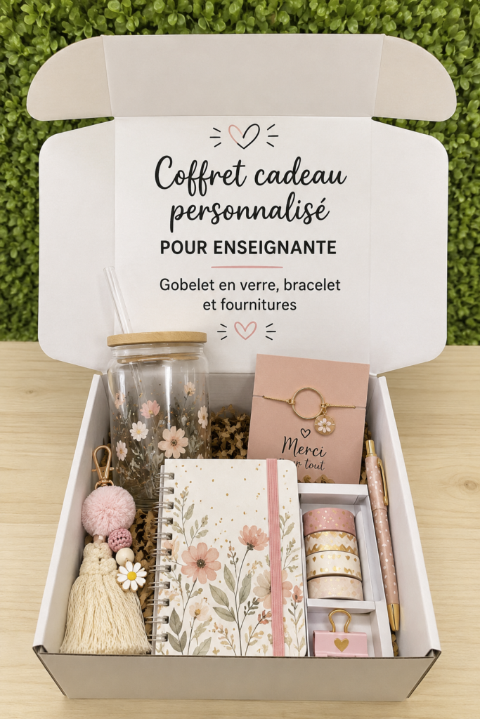 Un coffret cadeau personnalisé pour enseignant avec une tasse et un bracelet