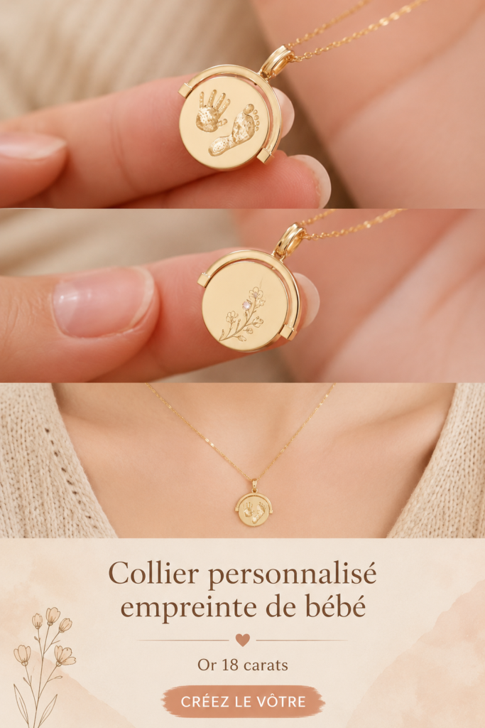 Collier en or 18K personnalisé avec empreinte de bébé, accrocheur et sentimental.