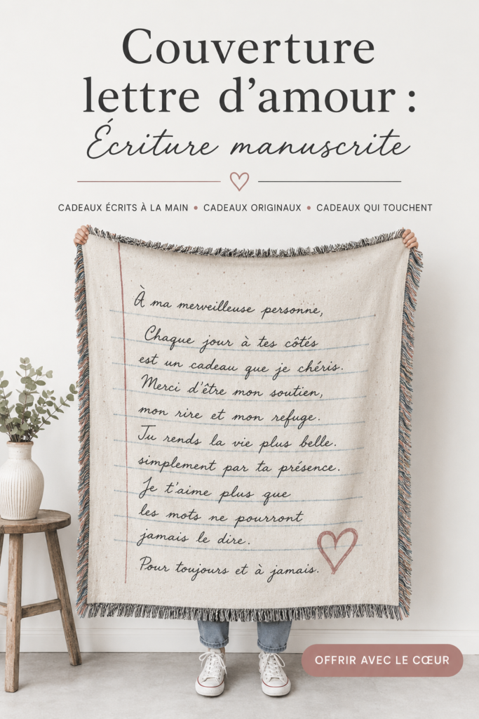 Couverture manuscrite avec des mots d'amour écrits à la main, sur un fond doux et chaleureux.