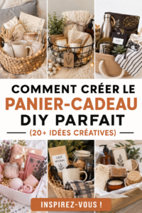 Panier cadeau DIY coloré avec des articles variés sur une table en bois.