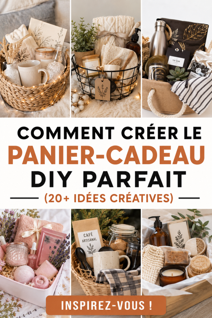 Panier cadeau DIY coloré avec des articles variés sur une table en bois.
