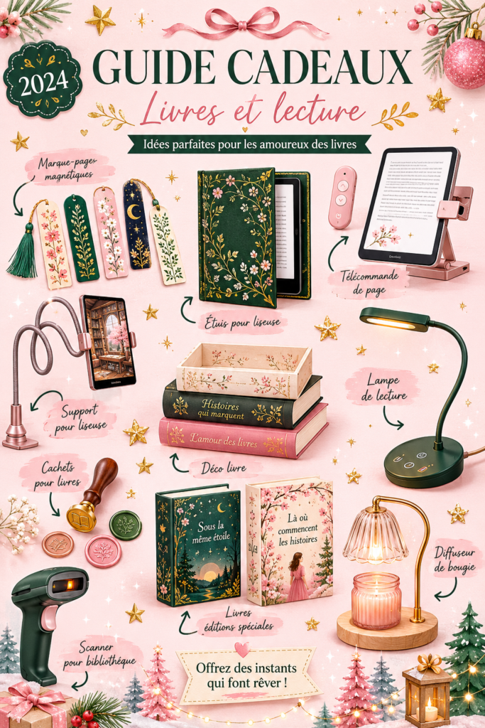 Différents livres et accessoires de lecture présentés en cadeau