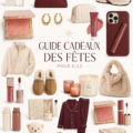 Un ensemble d'idées cadeau pour les fêtes, incluant des accessoires et des produits de beauté.