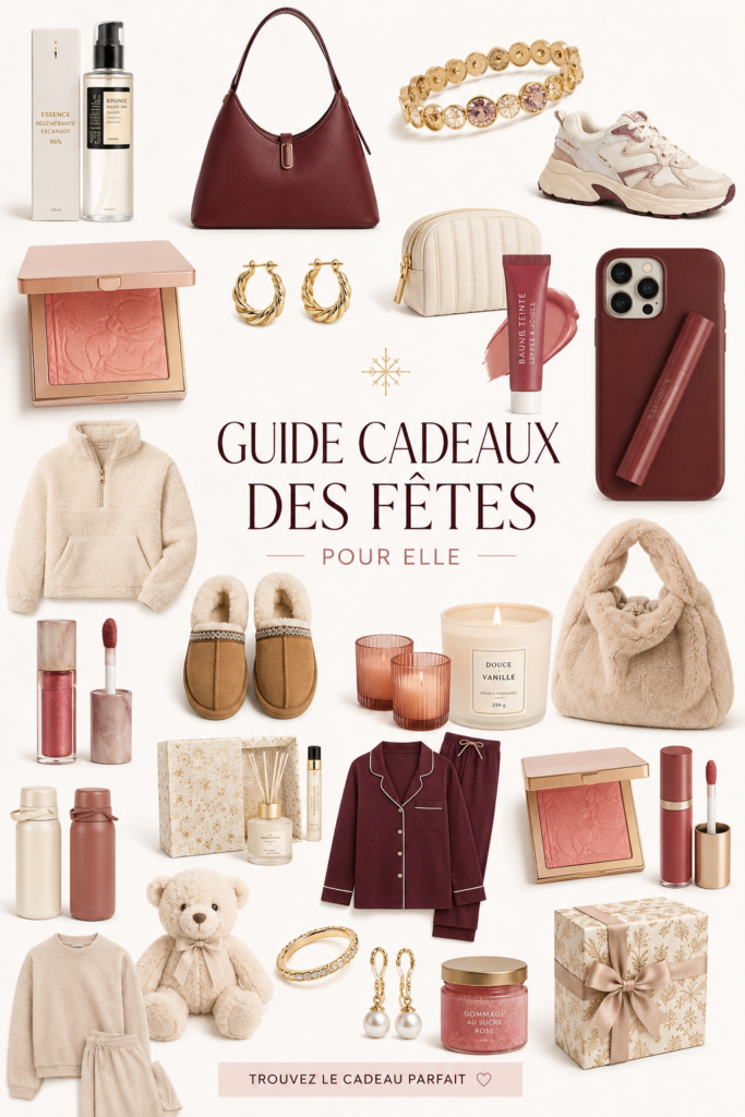 Un ensemble d'idées cadeau pour les fêtes, incluant des accessoires et des produits de beauté.