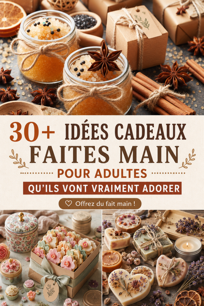 Idées de cadeaux faits maison sur une table, prêts à être offerts.