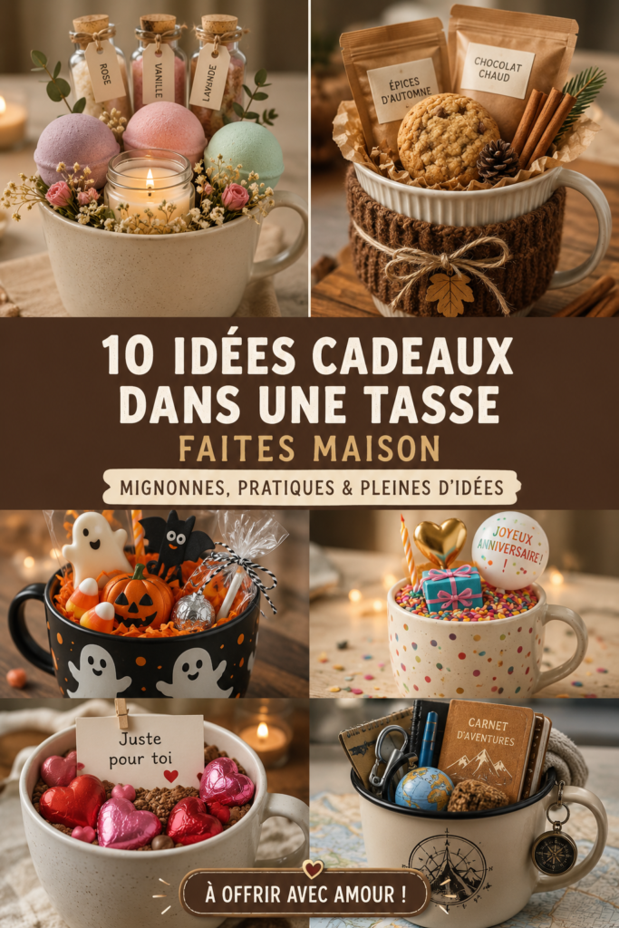 Mug personnalisé rempli de douceurs et décoré avec des motifs colorés.