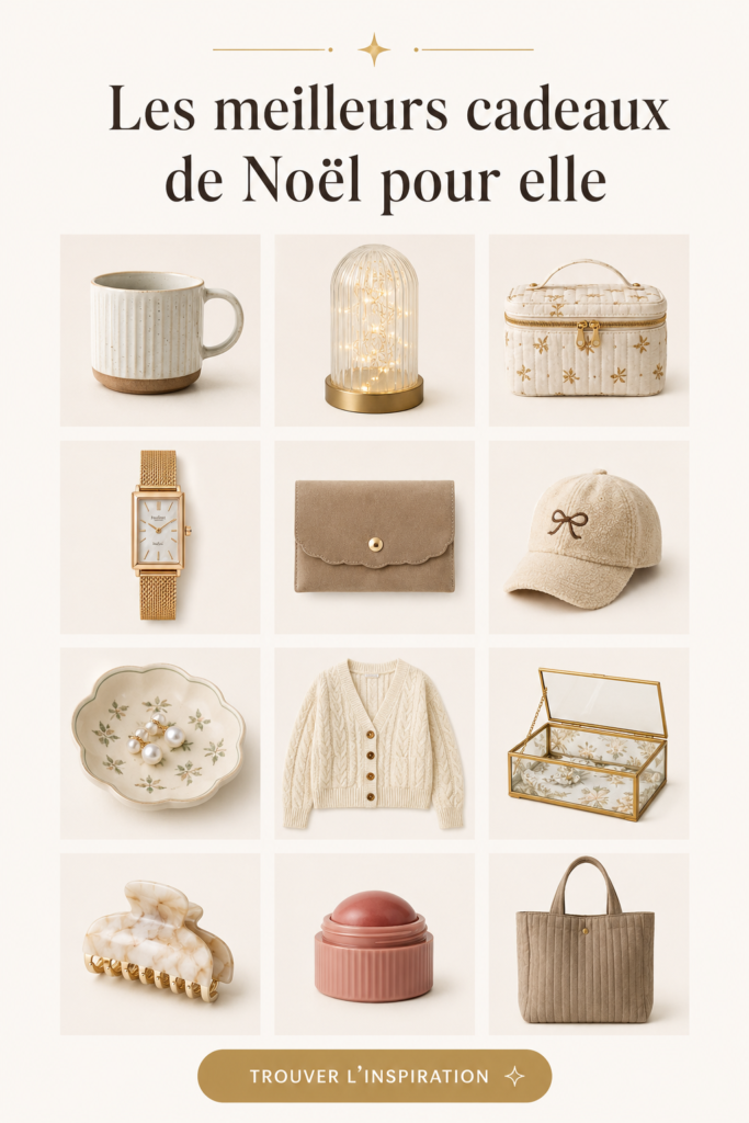 Sélection de cadeaux de Noël pour femmes, incluant bijoux et soins