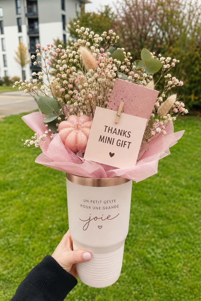Un assortiment de mini cadeaux colorés disposés sur une table, représentant des attentions de gratitude.