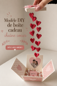 Image d'une boîte cadeau en forme de cœur, réalisée en papier coloré pour un projet DIY.