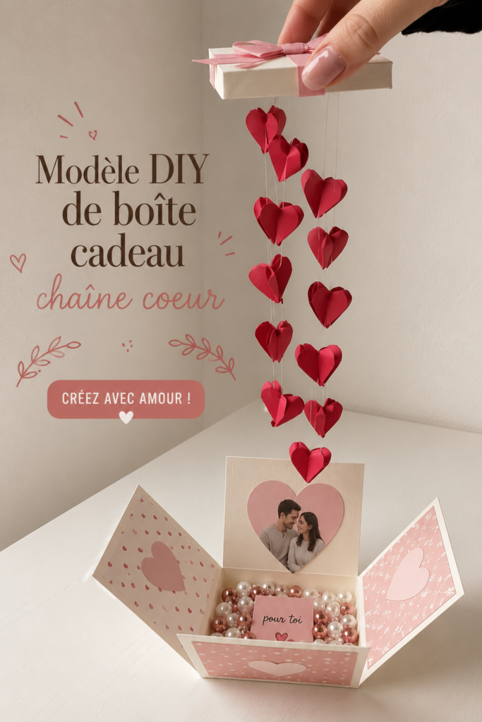 Image d'une boîte cadeau en forme de cœur, réalisée en papier coloré pour un projet DIY.