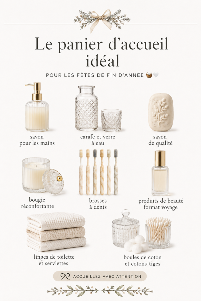 Panier d'invités festive rempli de produits variés et décoratifs.