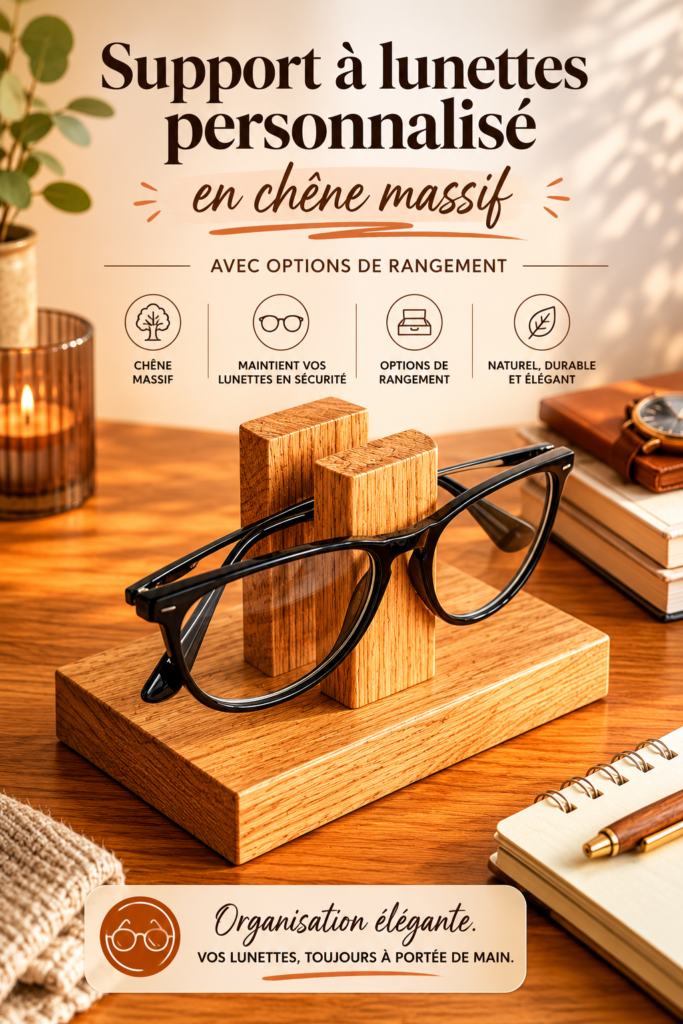 Porte-lunettes en chêne personnalisé élégant sur un bureau moderne.