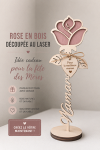 Roses en bois découpées au laser sur un fond en bois clair