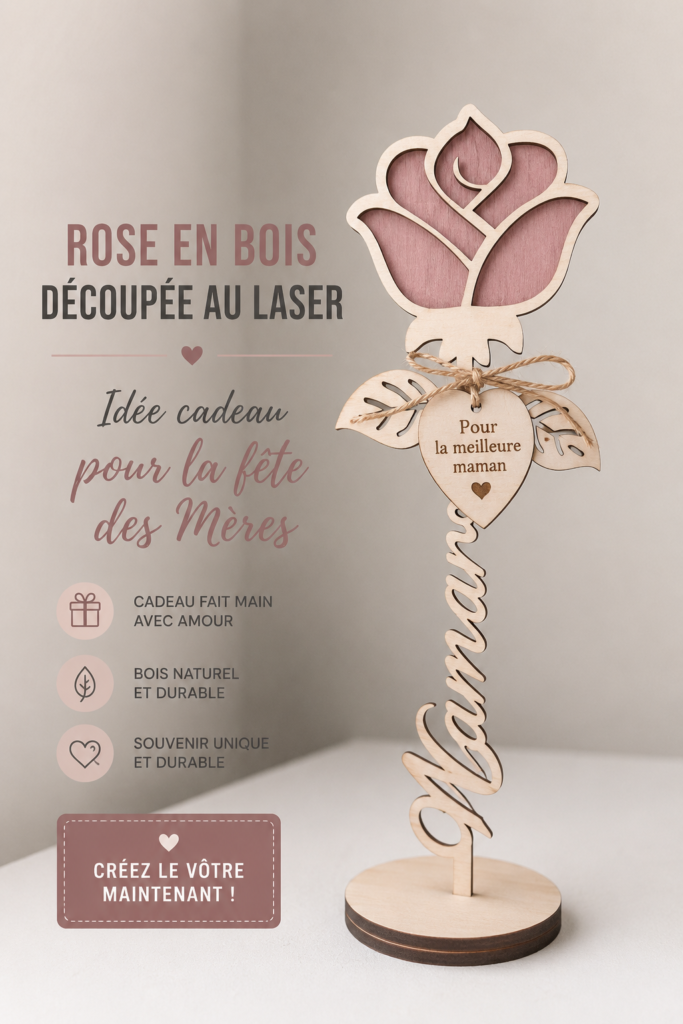 Roses en bois découpées au laser sur un fond en bois clair