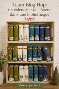 Une bibliothèque joliment décorée avec des livres disposés comme un calendrier de l'Avent.