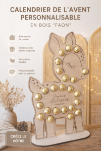 Calendrier de l'avent en bois personnalisé coloré et décoré pour Noël