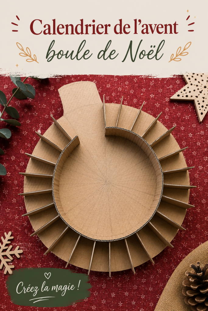 Calendrier de l'avent fait main avec des boules de Noël colorées sur un fond festif.