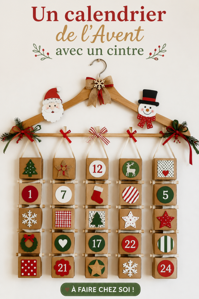 Un calendrier de l'Avent original fabriqué à partir d'un cintre décoré pour Noël