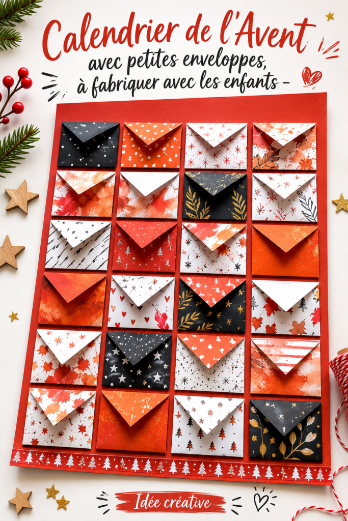 Calendrier de l'Avent fait maison avec des enveloppes colorées.