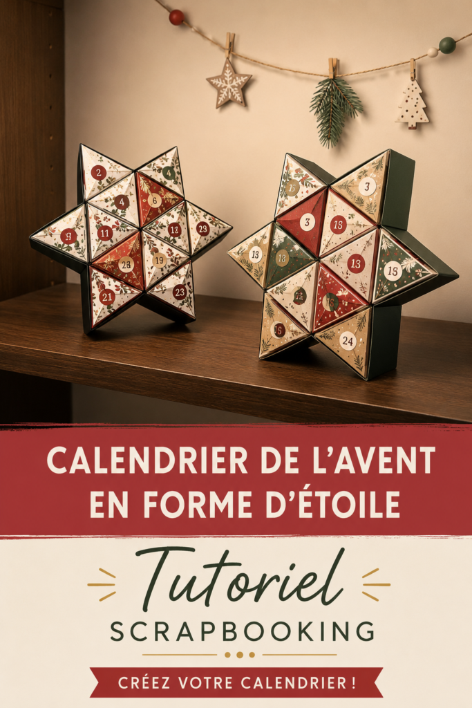 Calendrier de l'Avent en forme d'étoile réalisé en scrapbooking, décoré avec des couleurs festives.