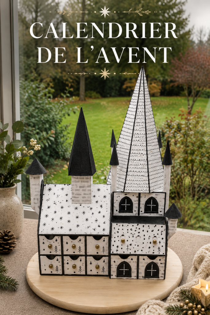 Calendrier de l'Avent fait main décoré avec des éléments festifs et colorés.