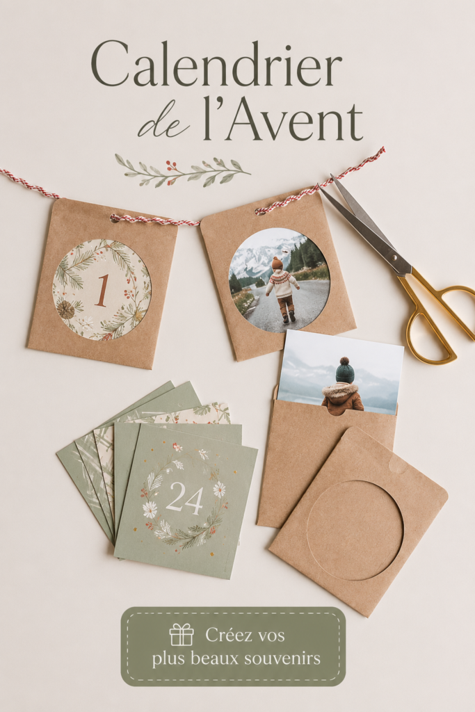 Un calendrier de l'Avent personnalisé fait maison, décoré avec des couleurs festives et des petits cadeaux.