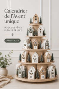 Un calendrier de l'Avent décoré de manière créative avec des éléments festifs.