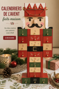 Calendrier de l'Avent fait maison décoré avec des embellissements festifs.