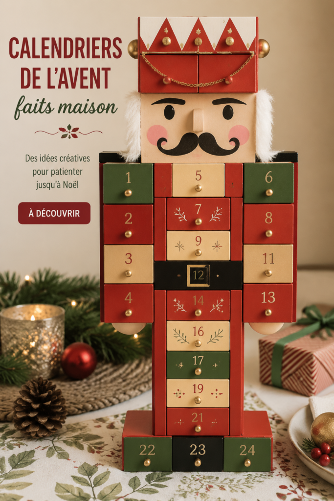 Calendrier de l'Avent fait maison décoré avec des embellissements festifs.