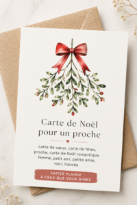 Une carte de Noël faite main sur une table avec des accessoires de Noël