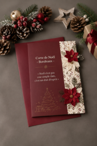 Carte de Noël décorée avec des motifs festifs inspirés de Bordeaux.