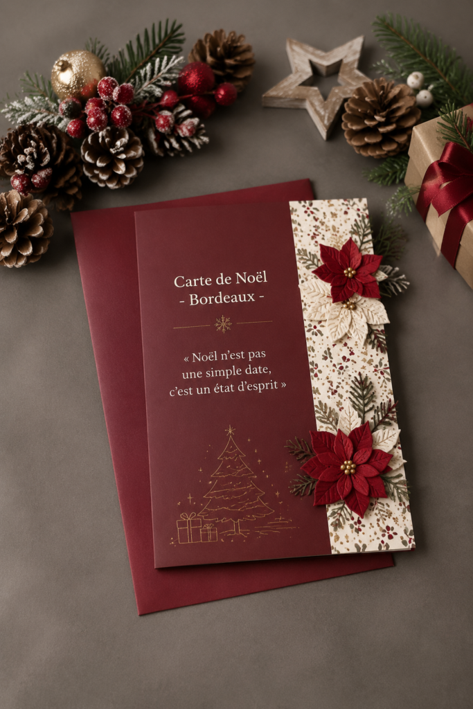 Carte de Noël décorée avec des motifs festifs inspirés de Bordeaux.