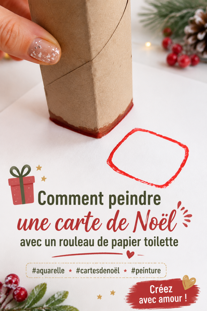 Une carte de Noël faite maison avec un rouleau de papier toilette, peinte avec des couleurs vives.