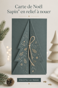 Une carte de Noël en relief en forme de sapin, joliment nouée, sur fond de décor festif.