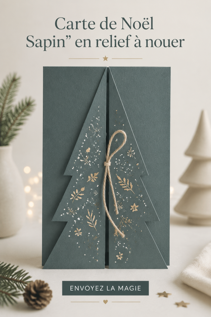 Une carte de Noël en relief en forme de sapin, joliment nouée, sur fond de décor festif.