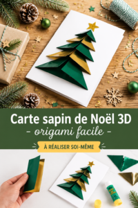 Carte sapin de Noël 3D en origami facile, finement décorée avec des étoiles et des motifs festifs.