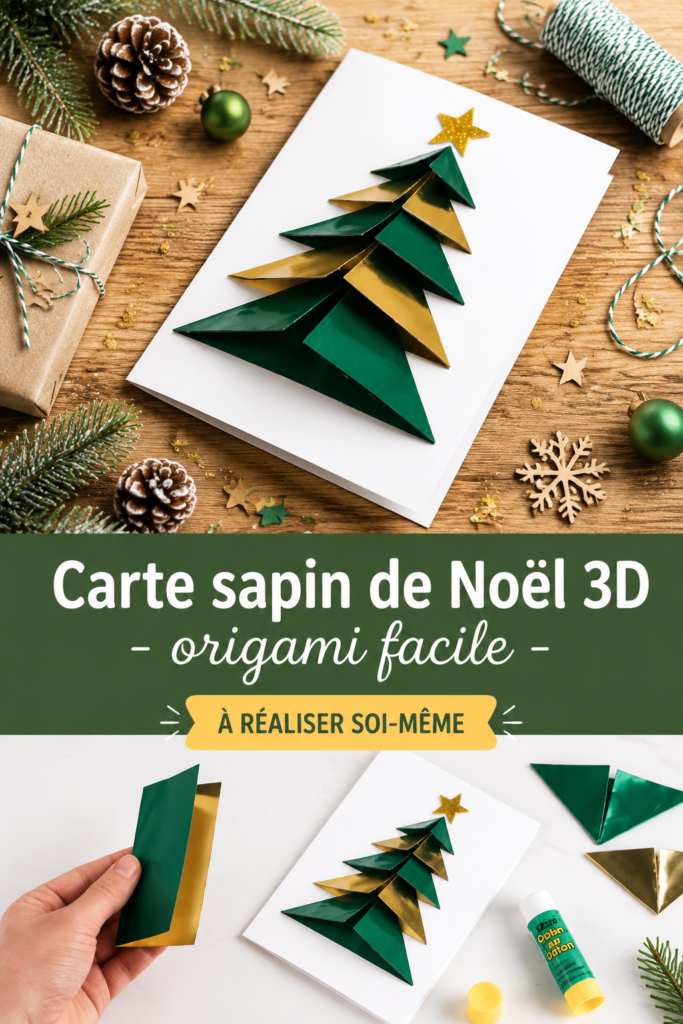Carte sapin de Noël 3D en origami facile, finement décorée avec des étoiles et des motifs festifs.