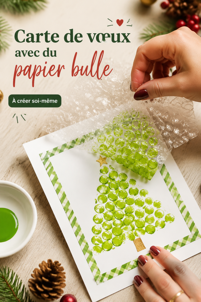 Carte de vœux colorée réalisée avec du papier bulle, entourée de fournitures de bricolage.