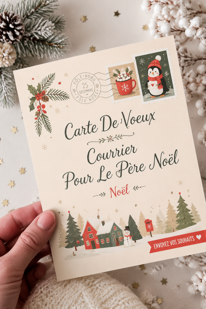 Une belle carte de vœux personnalisée pour le Père Noël, décorée de dessins colorés.