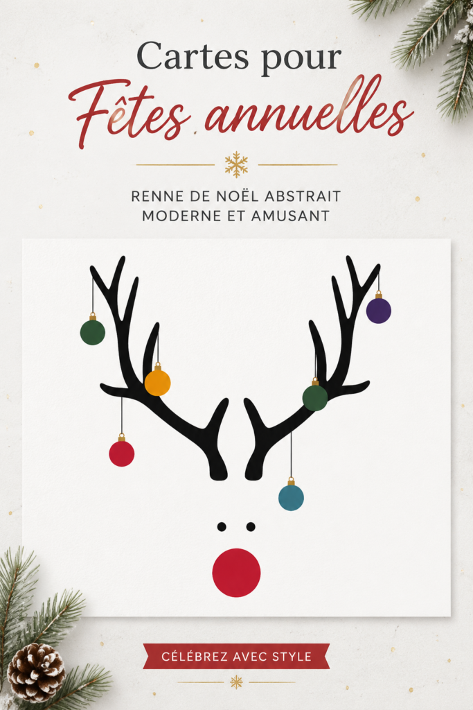 Carte de Noël moderne avec un renne amusant sur fond blanc.