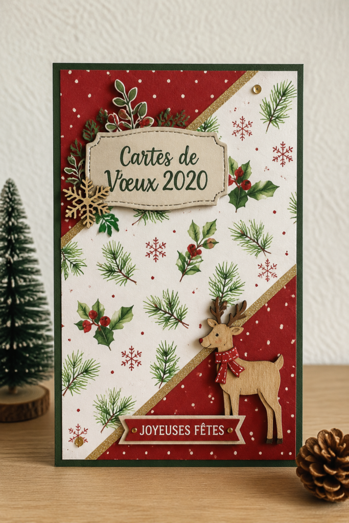 Une carte de voeux créative et colorée sur une table en bois.