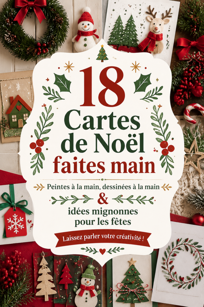 Une sélection de cartes de Noël faites main illustrant des designs colorés et créatifs.