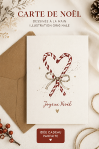 Photo d'une carte de Noël illustrée à la main avec des décorations festives.